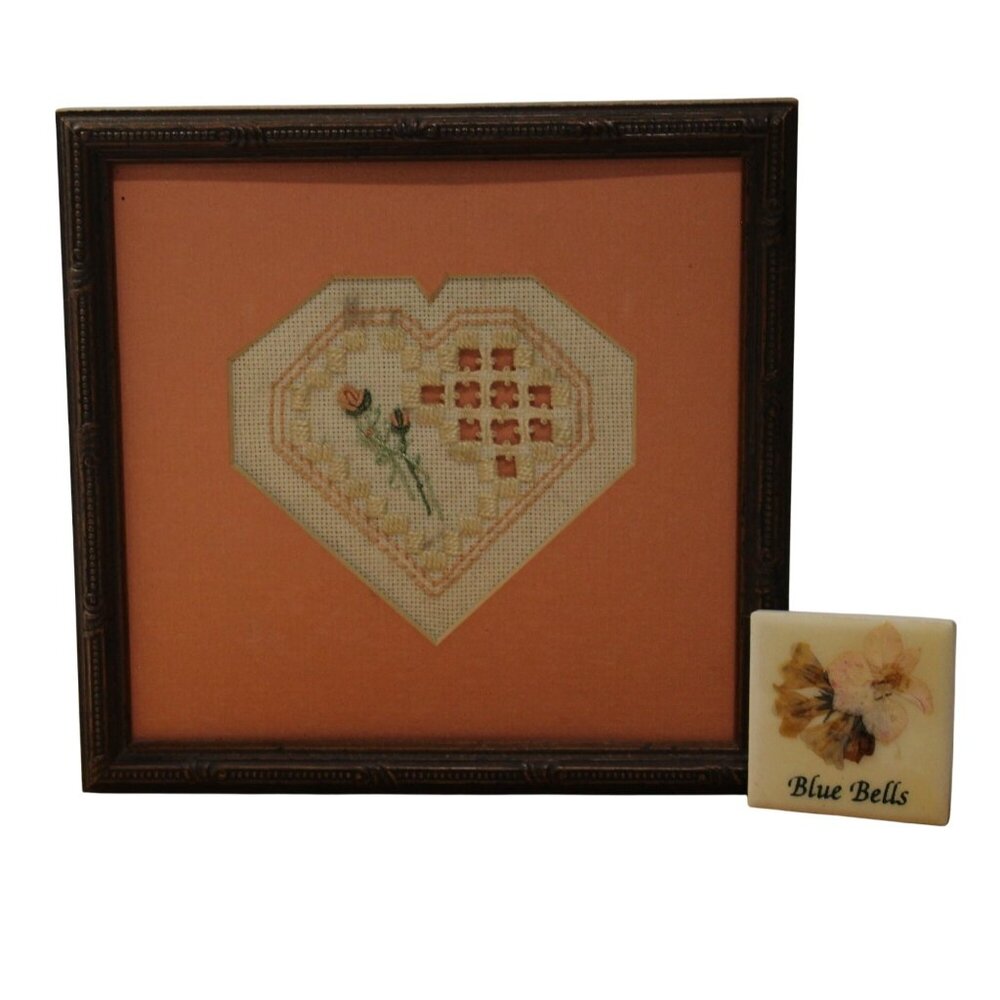 Handcrafted Embroidered Hardanger Heart Wall Art & Blue Bells Floral Magnet